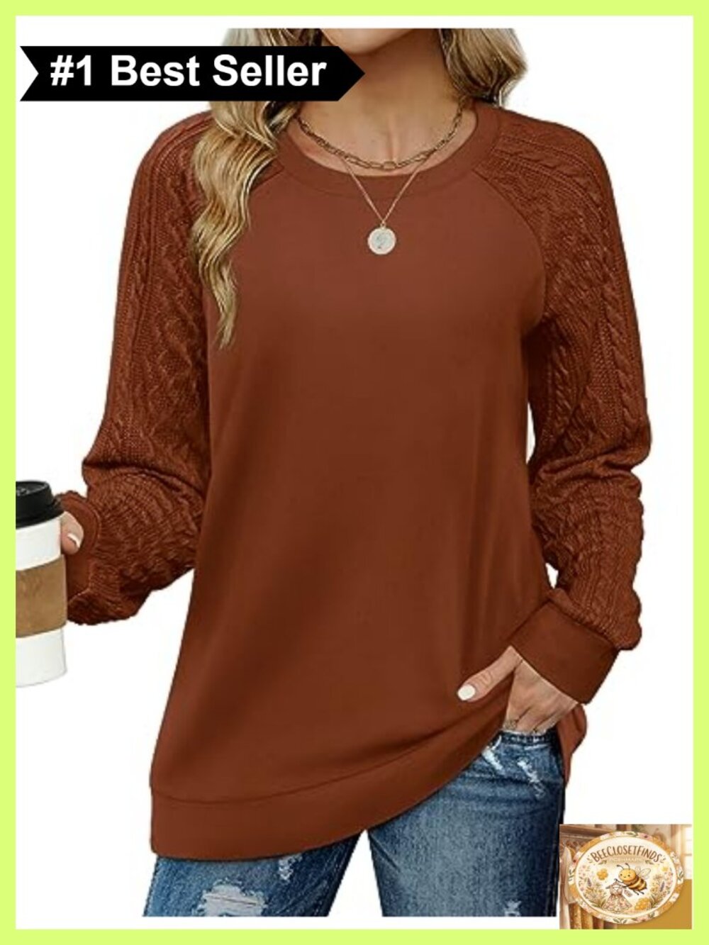 Cable Knit Sleeve Crewneck Sweatshirt Loose Fit Pullover